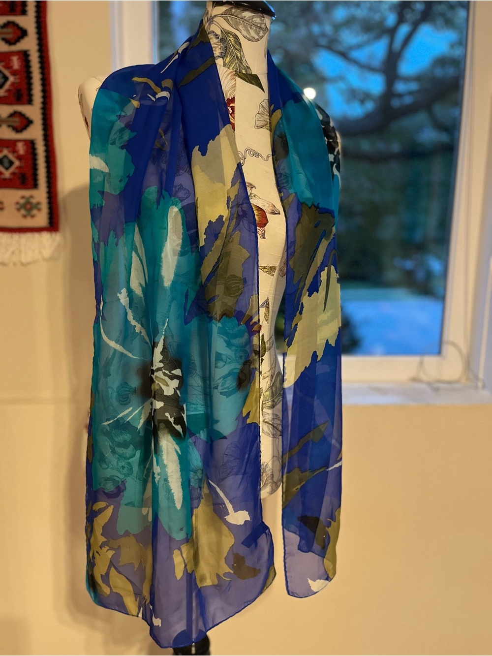 Anne Klein Blue Teal Floral Sheer Scarf Wrap
